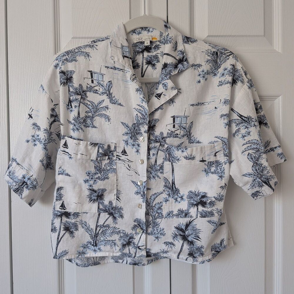 C&C California Blue White Tropical Palm Print Cropped Linen Blend Camp Shirt Med